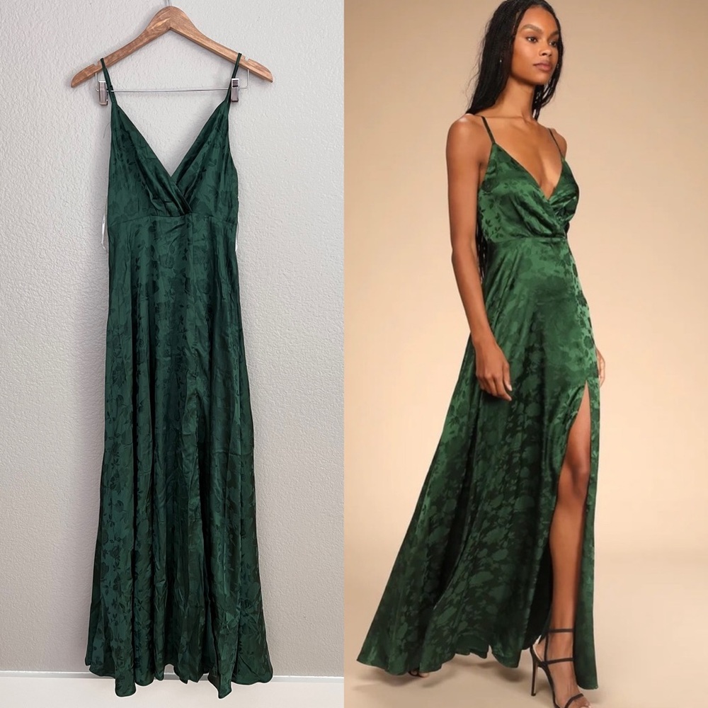 Emerald green satin surplice maxi dress gown